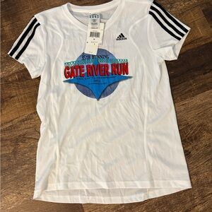 adidas White Short Sleeve Gate River Run Graphic Tee with Black Stripes